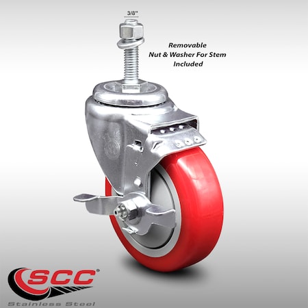 Service Caster 4 Inch SS Red Polyurethane Swivel 3/8 Inch Threaded Stem Caster with Brake SCC SCC-SSTS20S414-PPUB-RED-TLB-381615
